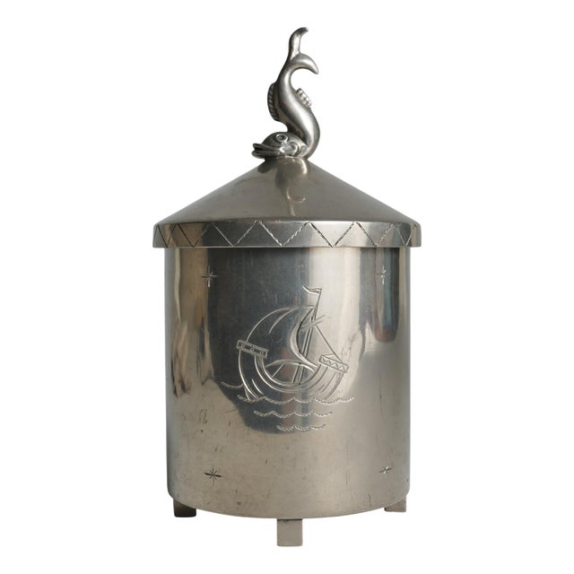 Swedish Pewter Lidded Jar with Sculptural Fish Finial and Ship Engraving, 1928 For Sale