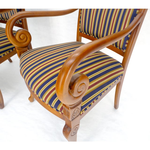 Baker Furniture Company Pair of Regency Style Carved Open Arm Fireside Lounge Chairs Stripe Upholstery For Sale - Image 4 of 18
