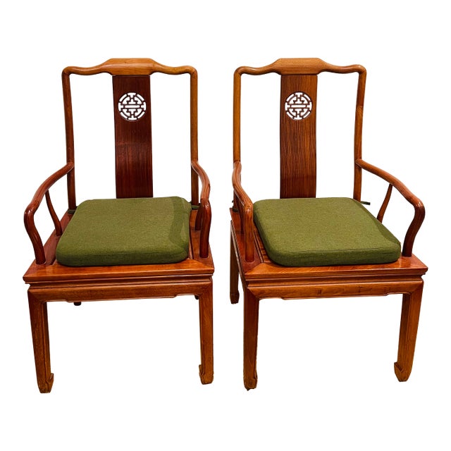 Gorgeous Pair of 1960s Chinese Teak Wood Horseback Armchairs For Sale