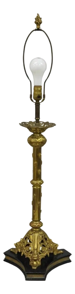Antique French Renaissance Gothic Figural Brass Candlestick Column Table Lamp