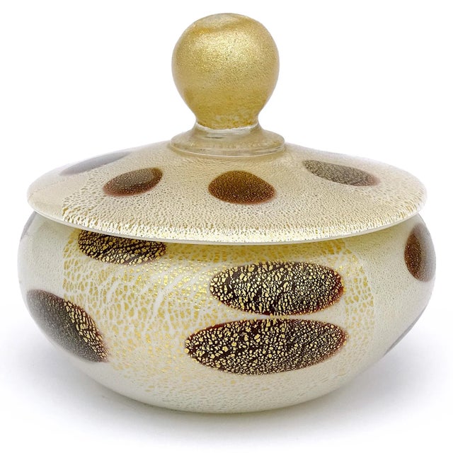 Mid 20th Century Vintage Murano Barbini Gold Flecks White Black Spots Italian Art Glass Vanity Jewelry Powder Box For Sale - Image 5 of 8