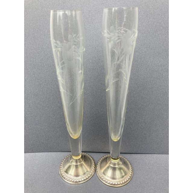 Vintage Duchin Sterling Weighted Base and Etched Floral Bud Vases- a Pair For Sale In New York - Image 6 of 11