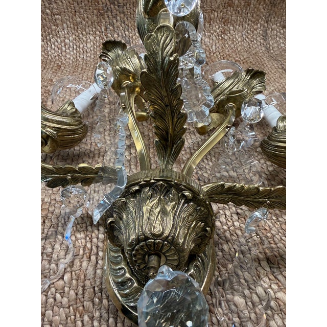 Rococo Pair of Preciosa-Lustry Czech Brass Six-Light Wall Sconces For Sale - Image 3 of 7