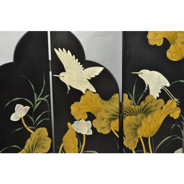 Decorator Chinoiserie Black Lacquer Oriental Painted 4 Panel Room Divider Screen For Sale - Image 4 of 16