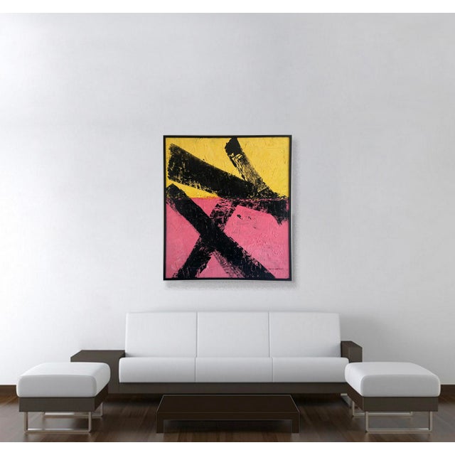 2020s Traction Framed Oversize Abstract Black Stroke on Yellow and Pink Painting For Sale - Image 5 of 6