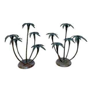Pair Patinated Tole Metal Palm Tree 5 Arm Candlestick Holders For Sale