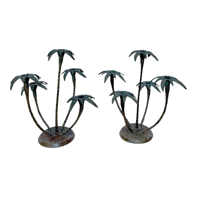 Pair Patinated Tole Metal Palm Tree 5 Arm Candlestick Holders For Sale