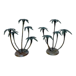 Pair Patinated Tole Metal Palm Tree 5 Arm Candlestick Holders