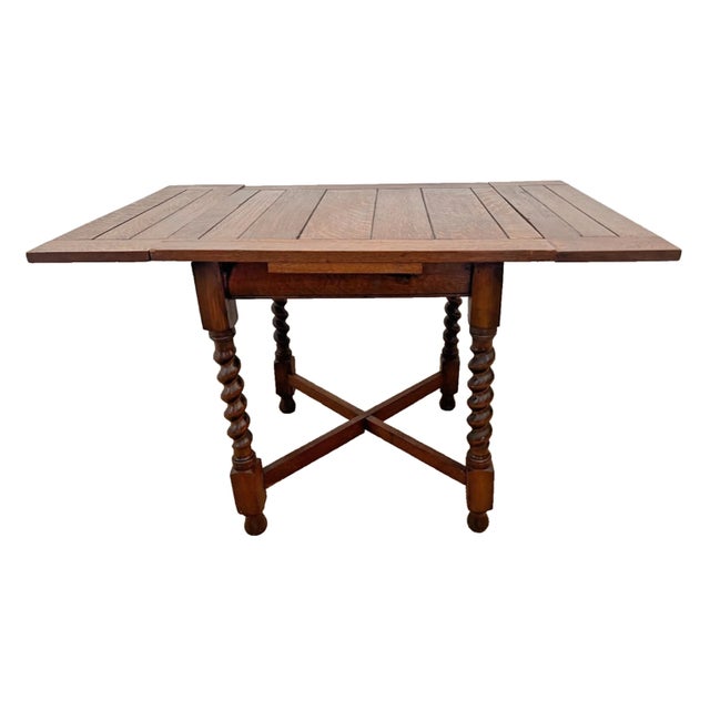 Antique Expanding Pub Kitchen Table Barley Twist Legs Rare Petite Size Solid Oak For Sale - Image 4 of 13