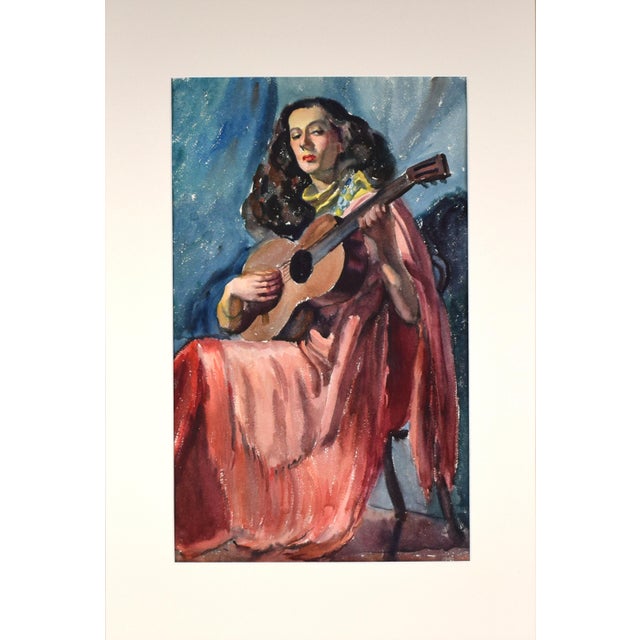 Vintage watercolor of a woman playing guitar by Stephen Horvath. Unnsigned but from a collection of works by the artist...