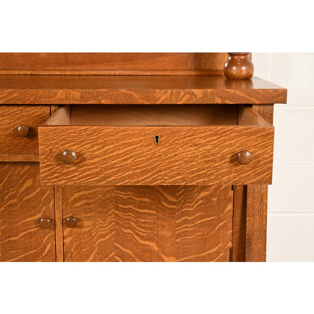 Wood Antique American Empire Tiger Oak Sideboard With Mirrored Backsplash, Circa 1900 For Sale - Image 7 of 15