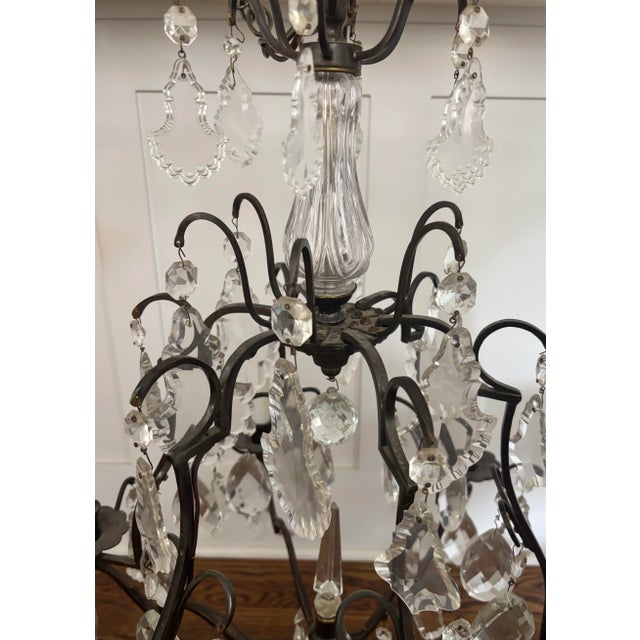 Brown Early 20th Century French Louis XV Style Six Light Bronze or Brass Chandelier With Abundance of Cut Crystal Prisms For Sale - Image 8 of 12