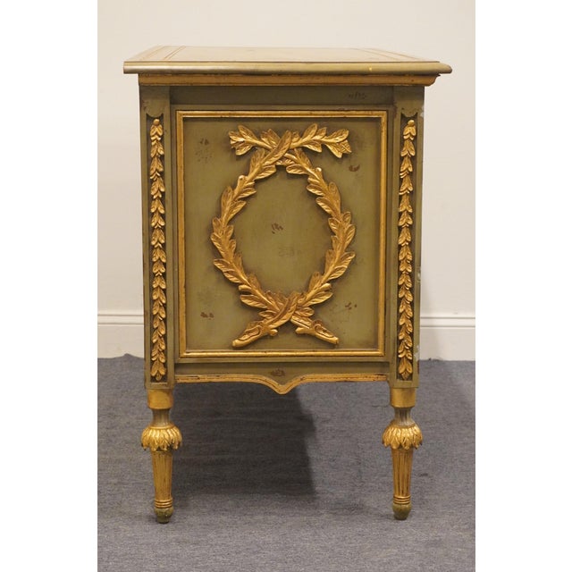 Furniture Classics Louis XVI French Provincial 48" Green and Gold Media Chest W. Gilt Ormolu Style Decoration For Sale - Image 9 of 12