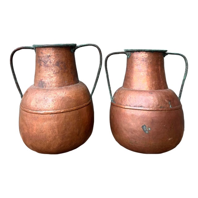 Vintage Moroccan Patinated Hammered Copper Water Jugs - A Pair For Sale