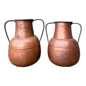 Vintage Moroccan Patinated Hammered Copper Water Jugs - A Pair