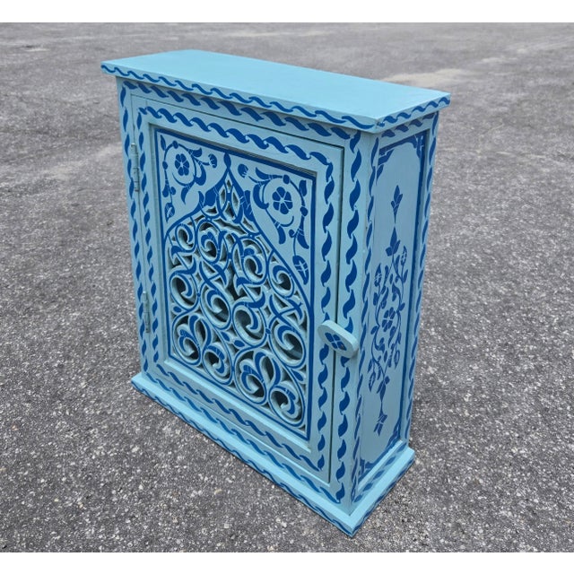 Mediterranean Hand Painted Mediterranean Medicine Cabinet / Wall Shelf / Turquoise and Blue Zouak For Sale - Image 3 of 7