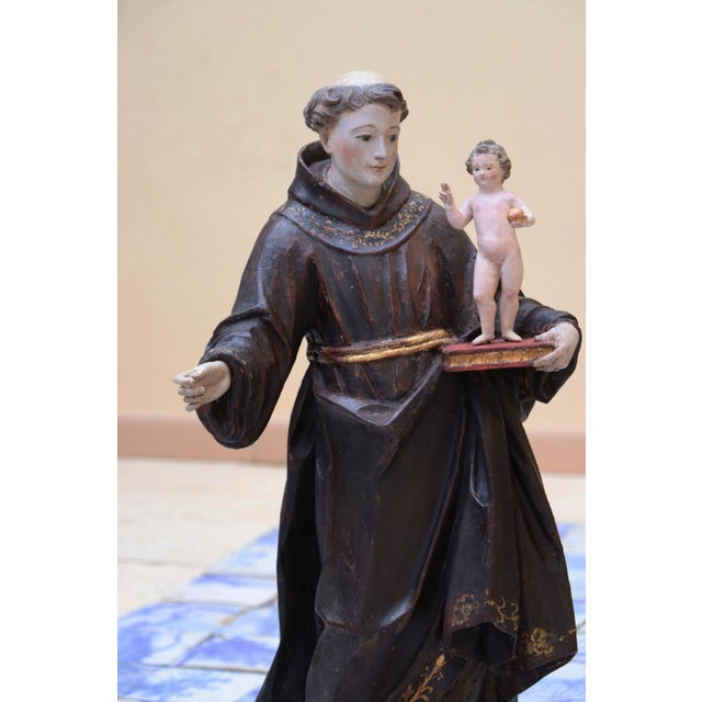 Baroque Antique Large Saint Anthony of Padua With Glass Eyes and the Child Jesus, 18th Century, Portuguese For Sale - Image 3 of 18