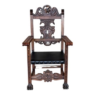 19th Century French Carved Walnut Turned Wood Armchair With Claw Feet For Sale