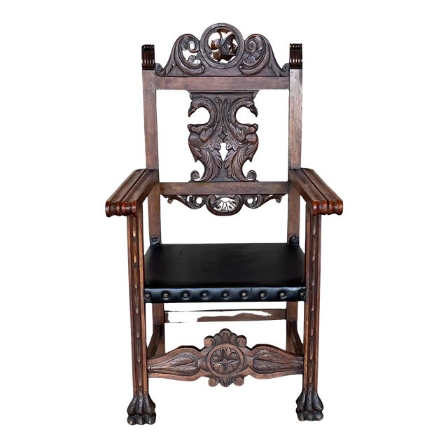 19th Century French Carved Walnut Turned Wood Armchair With Claw Feet For Sale