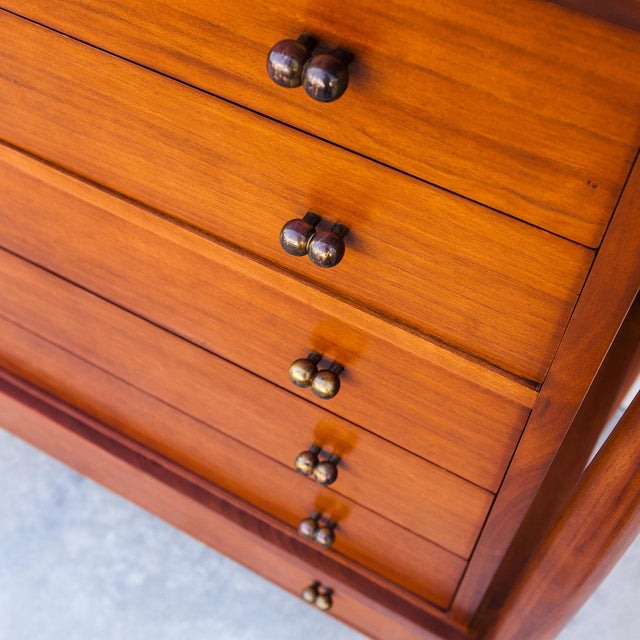 Mount Airy Furniture Company Restored 1950s Mount Airy Walnut & Brass Sculptural Mid Century Highboy Dresser, Attributed For Sale - Image 4 of 14