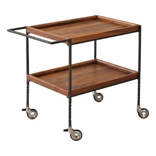 Walnut Bar Cart With Locking Casters, Two Tier Rolling Serving Cart, Wooden Mobile Coffee Station For Sale