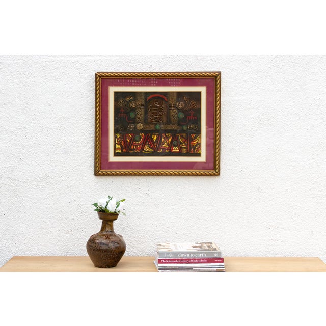 This striking framed work is a vibrant example of Modern Indian Tribal Art, executed in a compelling mixed-media...