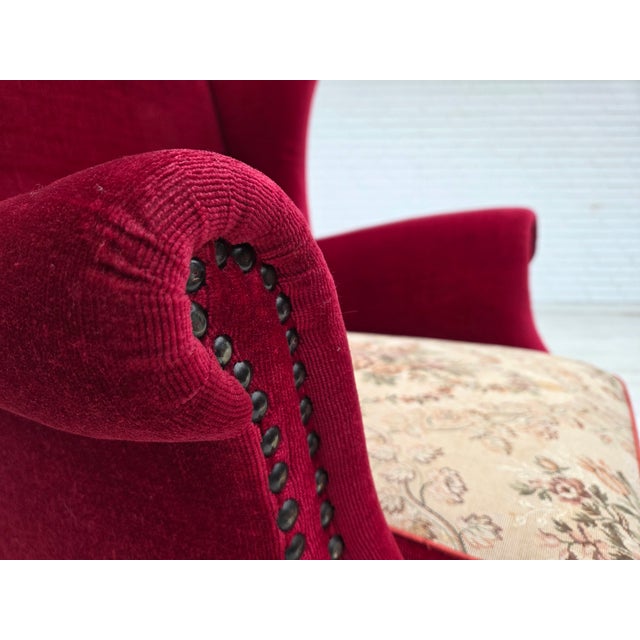 Danish Highback Armchair in Red Velour and Ash, 1970s For Sale - Image 13 of 18