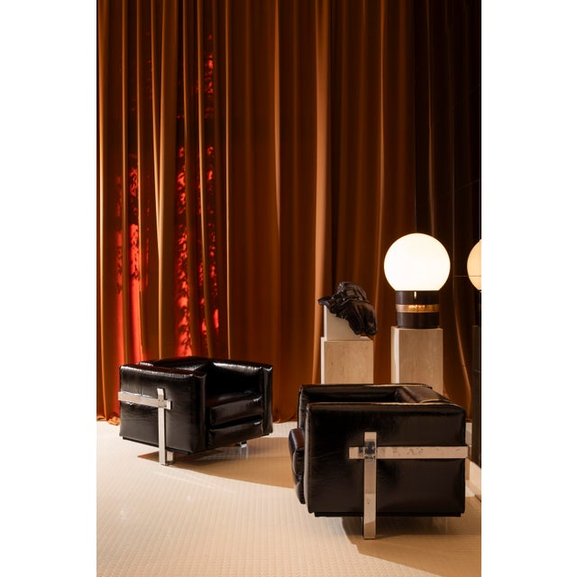 Italian Club Chairs in Black Vinyl and Steel by Luigi Caccia Dominioni for Azucena, 1960s, Set of 2 For Sale - Image 6 of 13