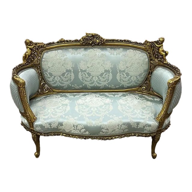 1990s French Baroque Style Sky Blue Sofa For Sale