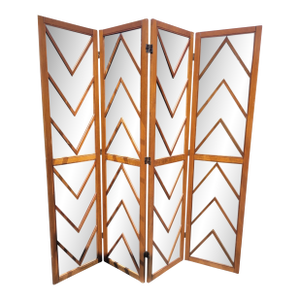 Vintage Mirrored Wood Surround Chippendale Herringbone 4 Panel Floor Screen Room Divider