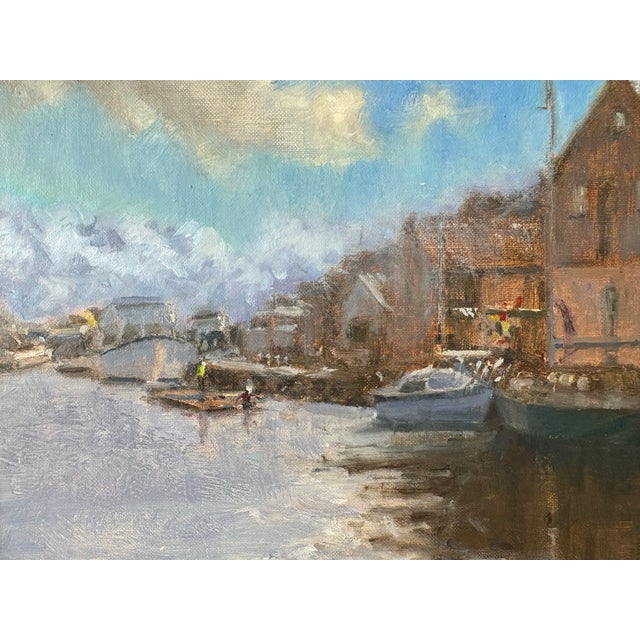 Wood Contemporary British Oil by Listed Artist “Winter on Exeter Quay”, Framed For Sale - Image 7 of 9