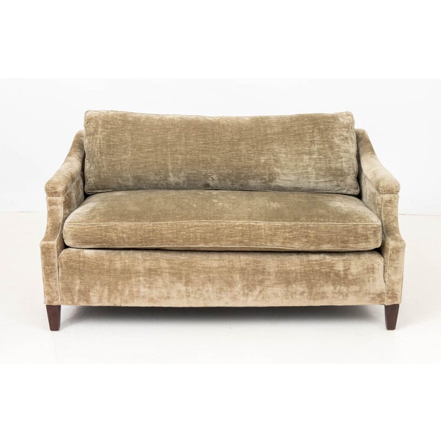 Contemporary Sage Green Chenille Upholstered Two-Seat Sofa, on four mahogany legs. 30.5" H x 54" W x 30" D; seat: 18" H....