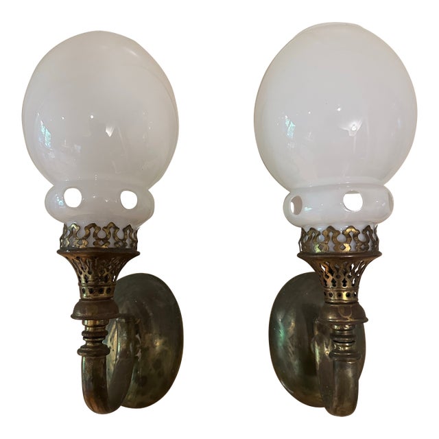 Vintage Brass Caldwell Wall Sconces With Vintage Shades - a Pair For Sale