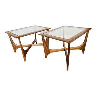 Vintage Lane Silhouette Mid-Century Modern Walnut Side Tables, Pair – Sculptural X-Stretcher Base With Inset Glass Tops For Sale