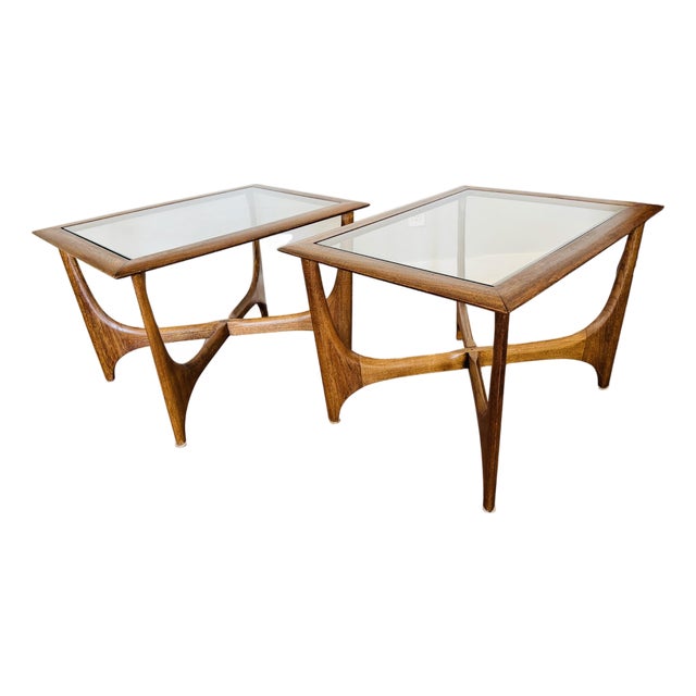 Vintage Lane Silhouette Mid-Century Modern Walnut Side Tables, Pair – Sculptural X-Stretcher Base With Inset Glass Tops For Sale