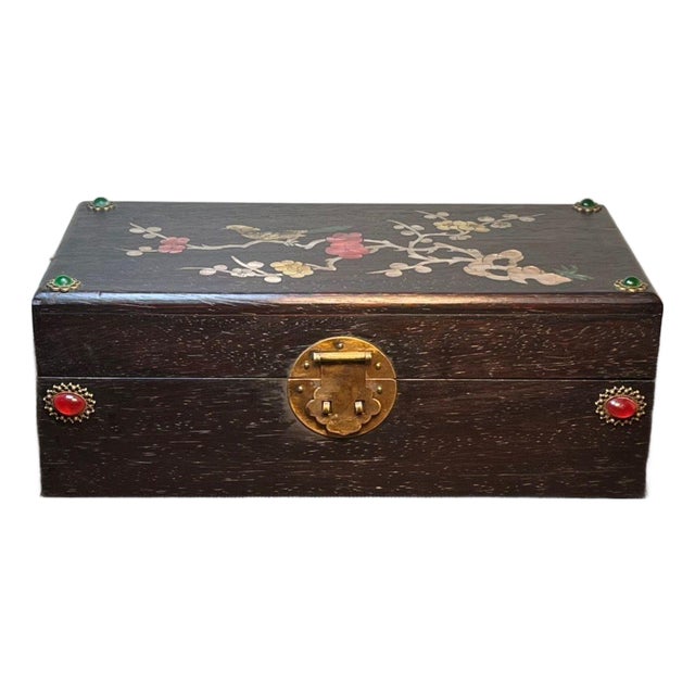 Chinese Padauk Wood Mother-of-Pearl Inlaid Magpie Jewelry Box For Sale