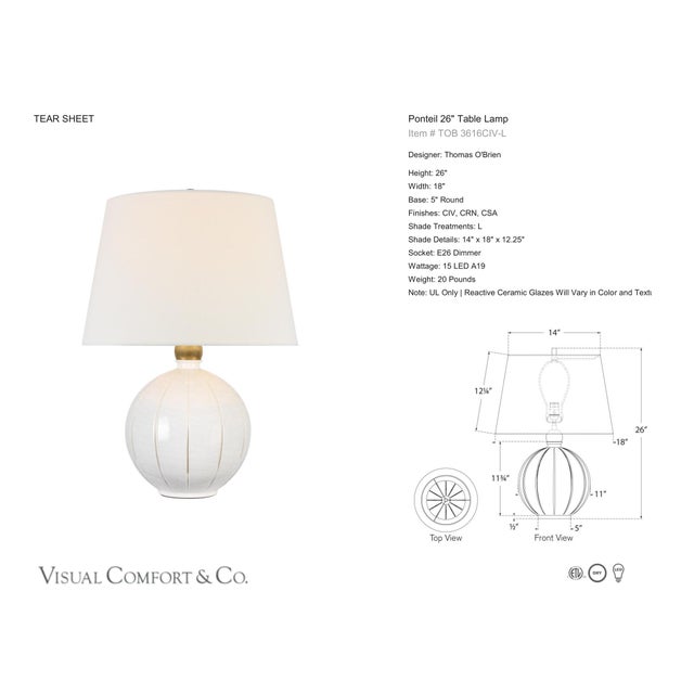 Thomas O'Brien by Visual Comfort Signature Ponteil 26" Table Lamp in Crackled Ivory with Linen Shade Designer: Thomas...