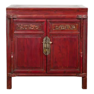 Chinese Late Qing Dynasty Red Lacquer Bedside Cabinet with Carved Décor