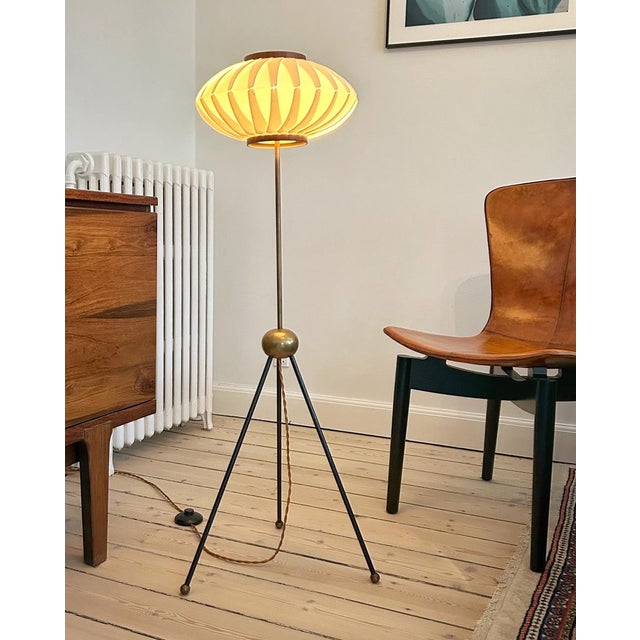 Danish Mid-Century Tripod Floor Lamp Attributed to Svend Aage Holm Sørensen with Pleated Shade Attributed to Lars Eiler...
