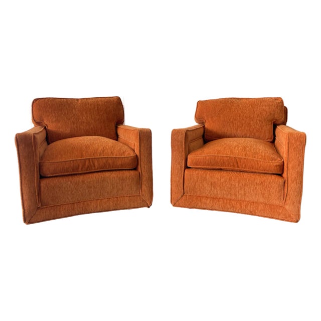1970s Tailored Mid-Century Lounge Chairs – Down-Filled Pair in Burnt Orange Upholstery For Sale