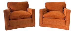 1970s Tailored Mid-Century Lounge Chairs – Down-Filled Pair in Burnt Orange Upholstery