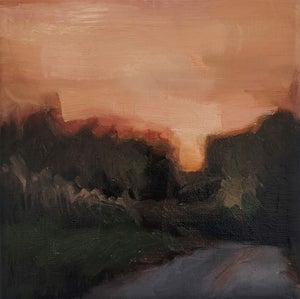 Boundless by Lacey Jane | Oil on canvas landscape at sunset with trees and a road