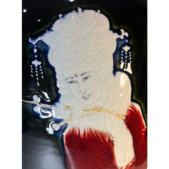 Chinese Vintage 23 In. Tall Black Porcelain Palace Vase Lady Courtesan in Enamel Relief For Sale - Image 3 of 18