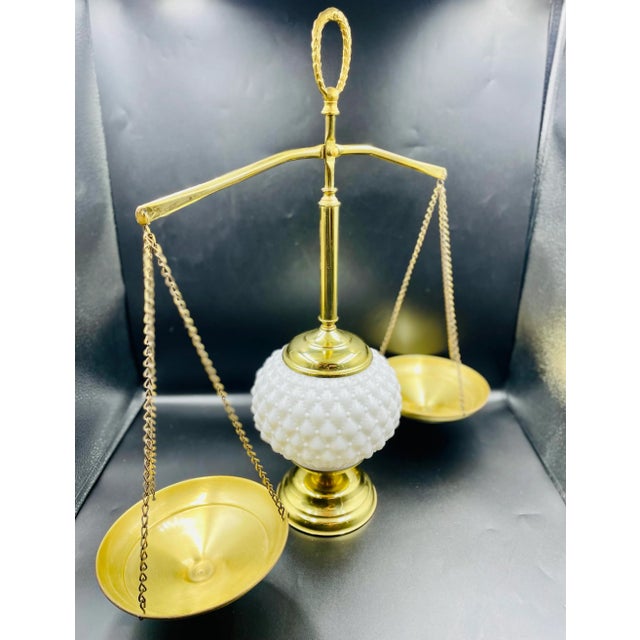 Metal Vintage Brass & Milk Glass "Balance of Justice" Weight Scales For Sale - Image 7 of 12