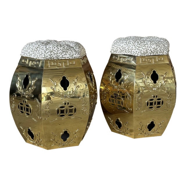 Pair Vintage Pierced Brass Chinese Garden Stools With Removable Cushions For Sale