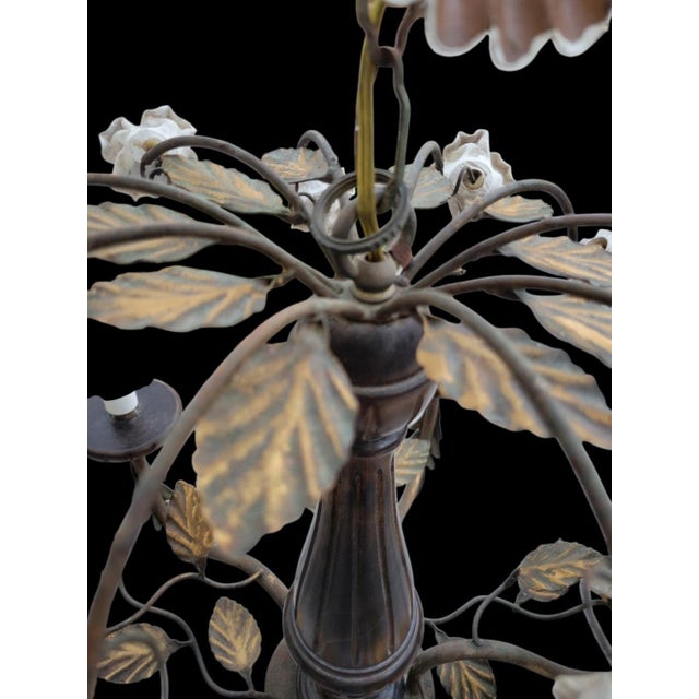 Wildwood Vintage Wood Metal Ceramic White Rose Tole Italian White Ceramic Rose 5 Light Chandelier Fixture For Sale - Image 4 of 12
