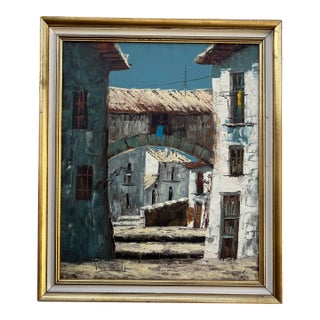 Mid Century Architectural Landscape Oil Painting Framed and Signed by the Artist. Circa 1960s For Sale
