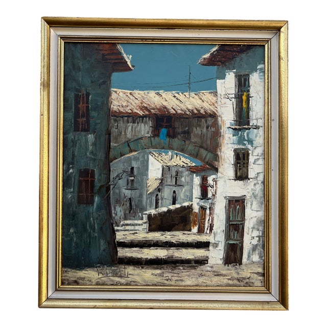 Mid Century Architectural Landscape Oil Painting Framed and Signed by the Artist. Circa 1960s For Sale
