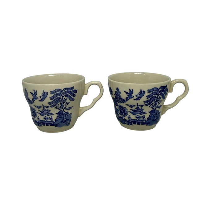 Vintage Eit Blue Willow Pagoda Design Ironstone Tea Coffee Cups - a Pair For Sale - Image 12 of 12