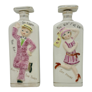 1940’s Ceramic Decanters - West Pac Japan Scotch and Bourbon - Dandy Man & Flapper Girl - Handpainted Pair With Stoppers